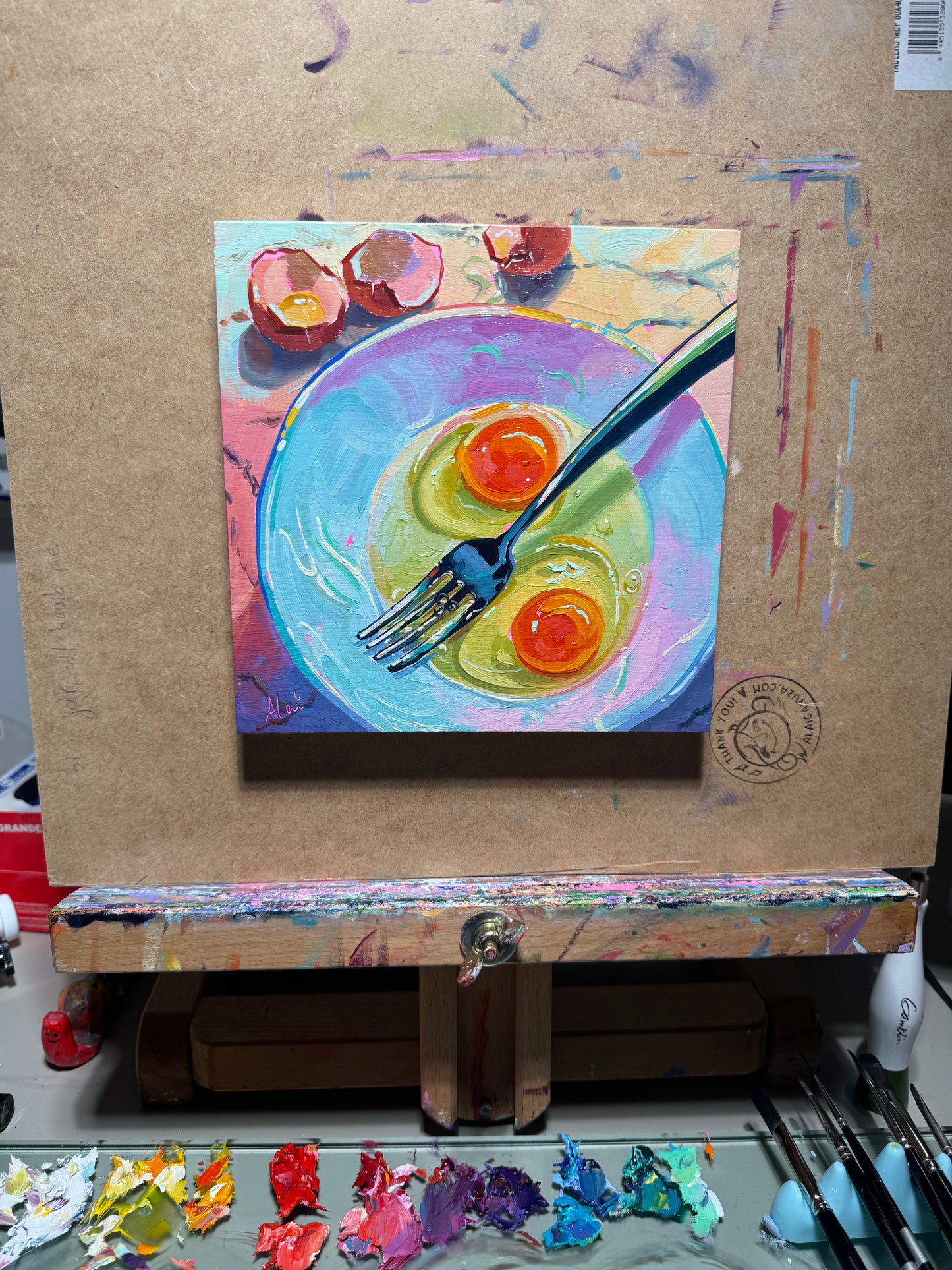 Pareja de huevos crudos - Pintura al óleo original