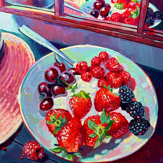 Bayas y espejo - Pintura al óleo original
