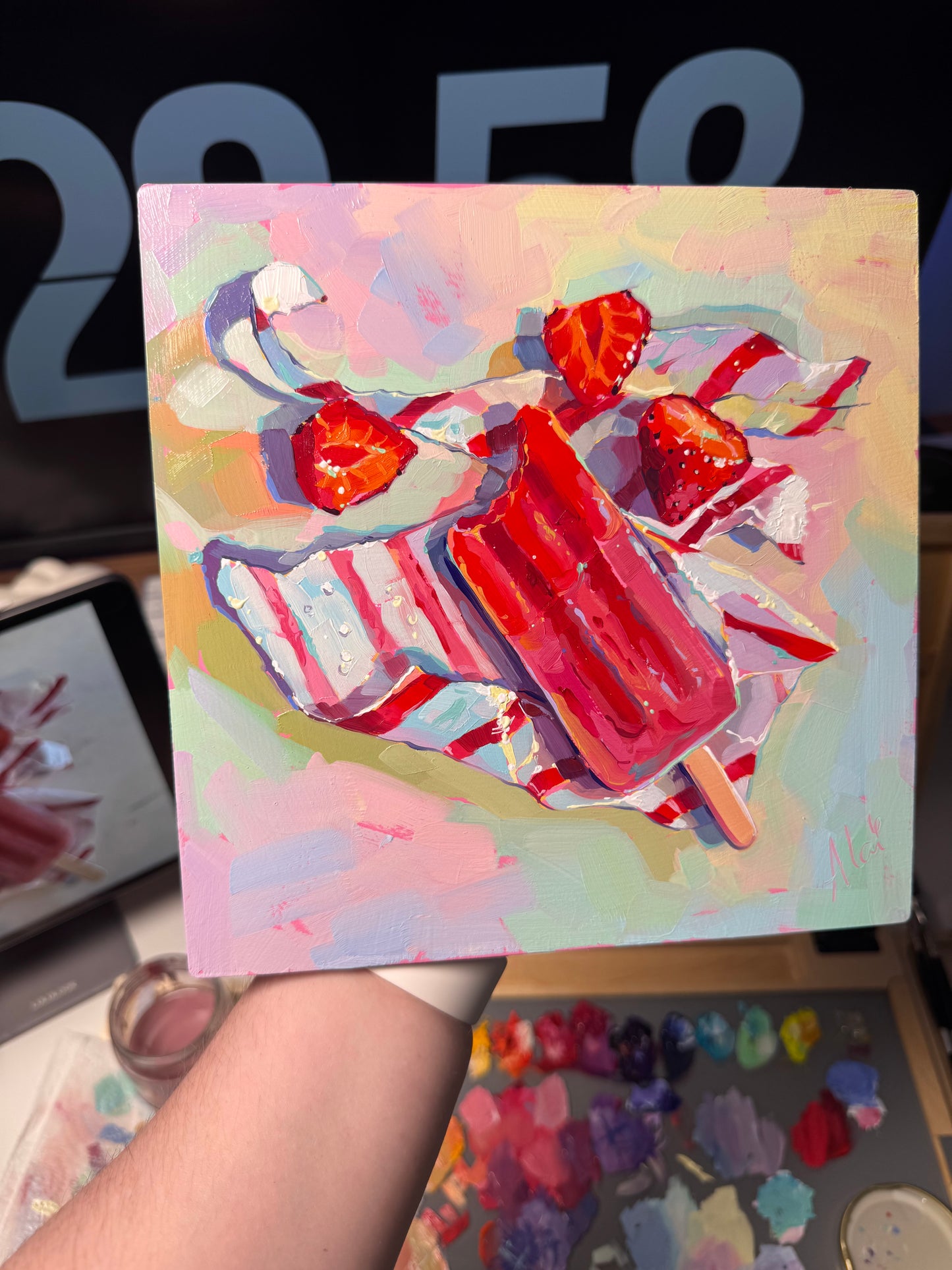 Strawberry ice cream - Original Oil Painting