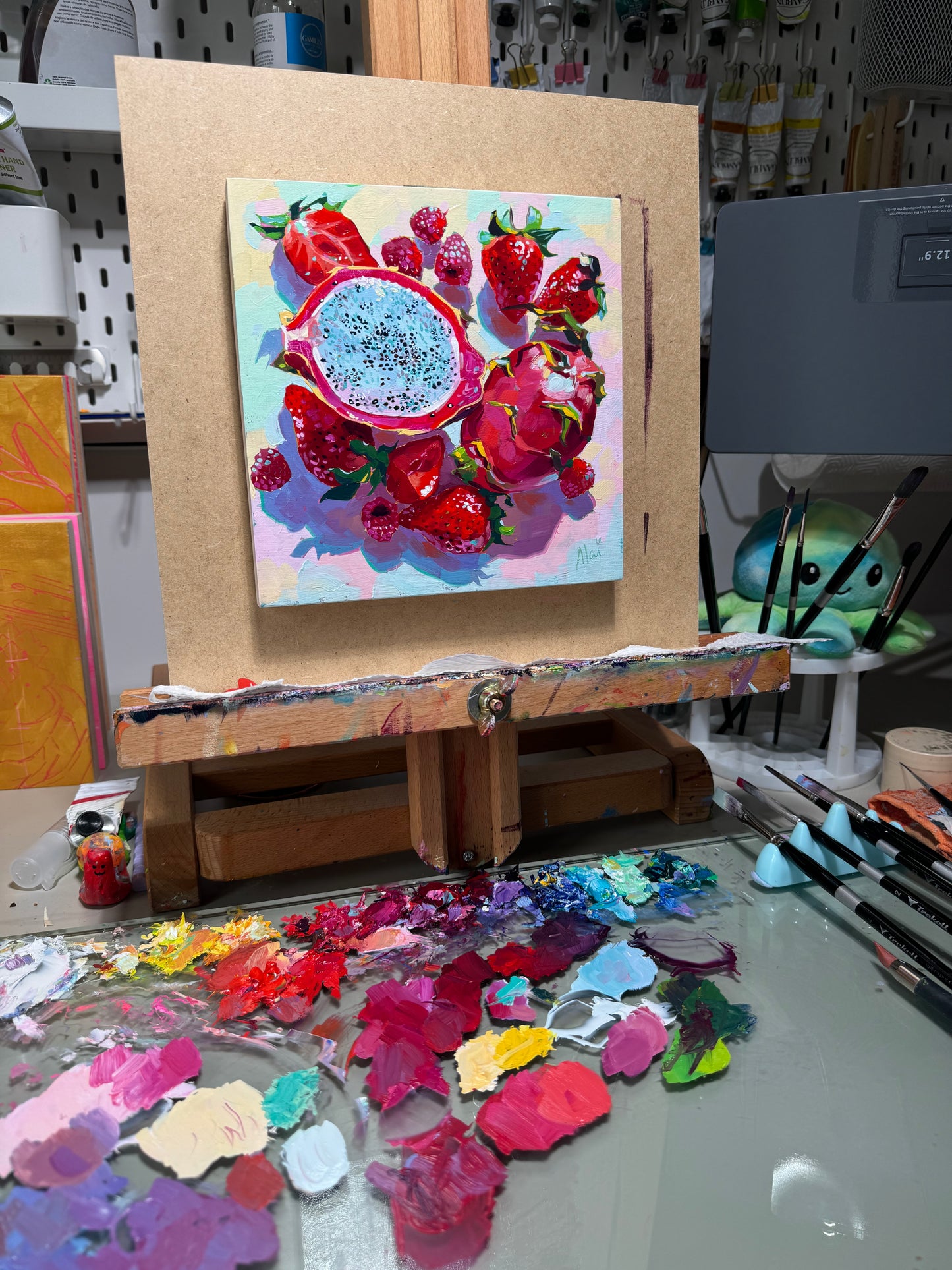 Dragonfruit and berries - Original Oil Painting - Tropical Fruit Art - 8x8 inches