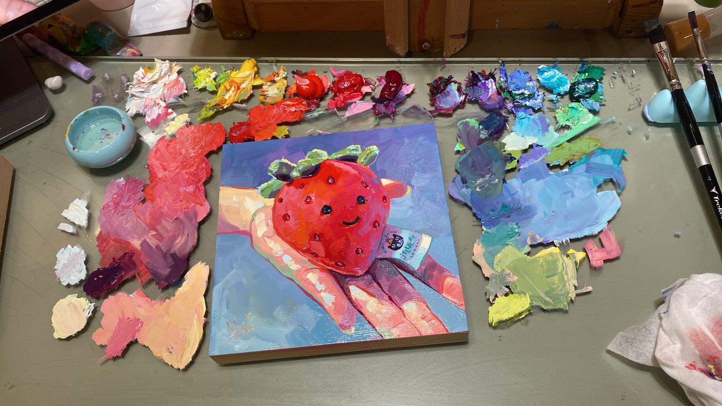 Strawberry Plushie - Original Oil Painting - Cute Pop Art - 6x6 inches