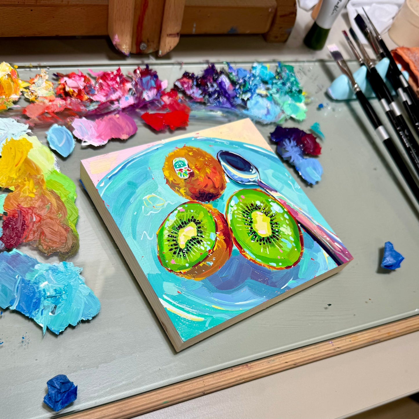 Kiwis and Spoon - Original Oil Painting - Vibrant Fruit Art - 6x6 inches