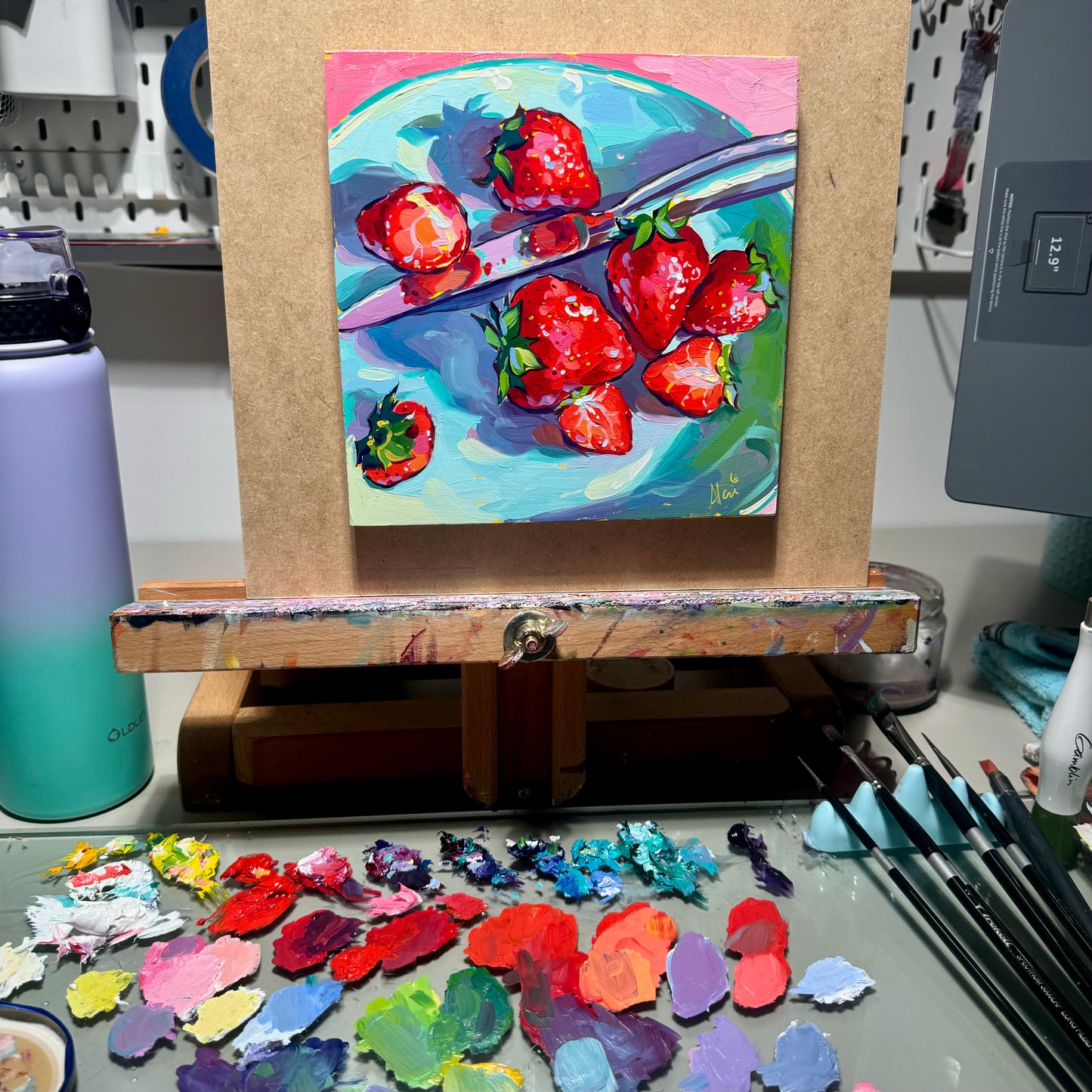 Strawberries and knife - Original Oil Painting - Fresh Kitchen Art - 8x8 inches