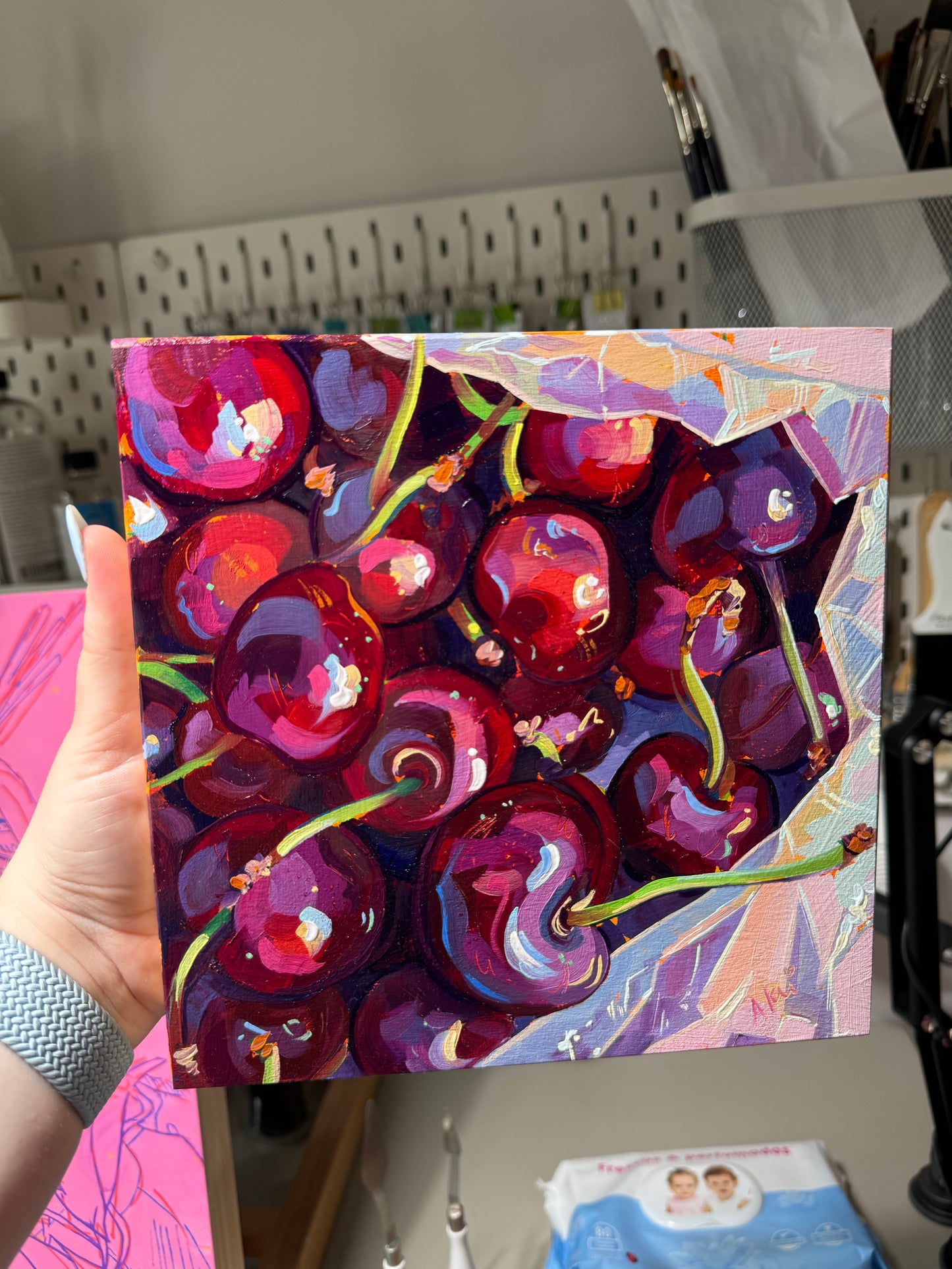 Cerezas dentro de una bolsa - Pintura al óleo original