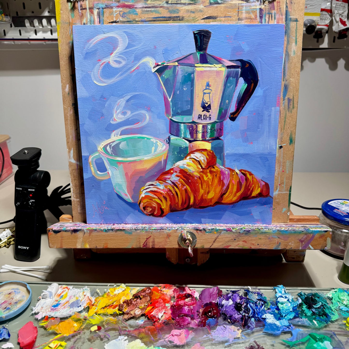 Coffee and Croissant - Original Oil Painting - Cozy Breakfast Art - 10x10 inches