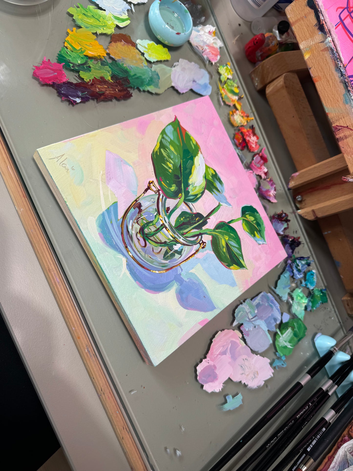 Hojas en frasco - Pintura al óleo original