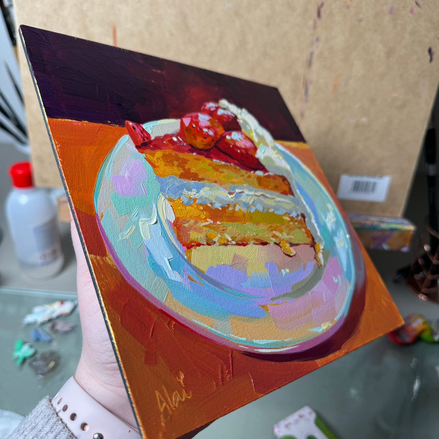 Pastel de fresa - Pintura al óleo original