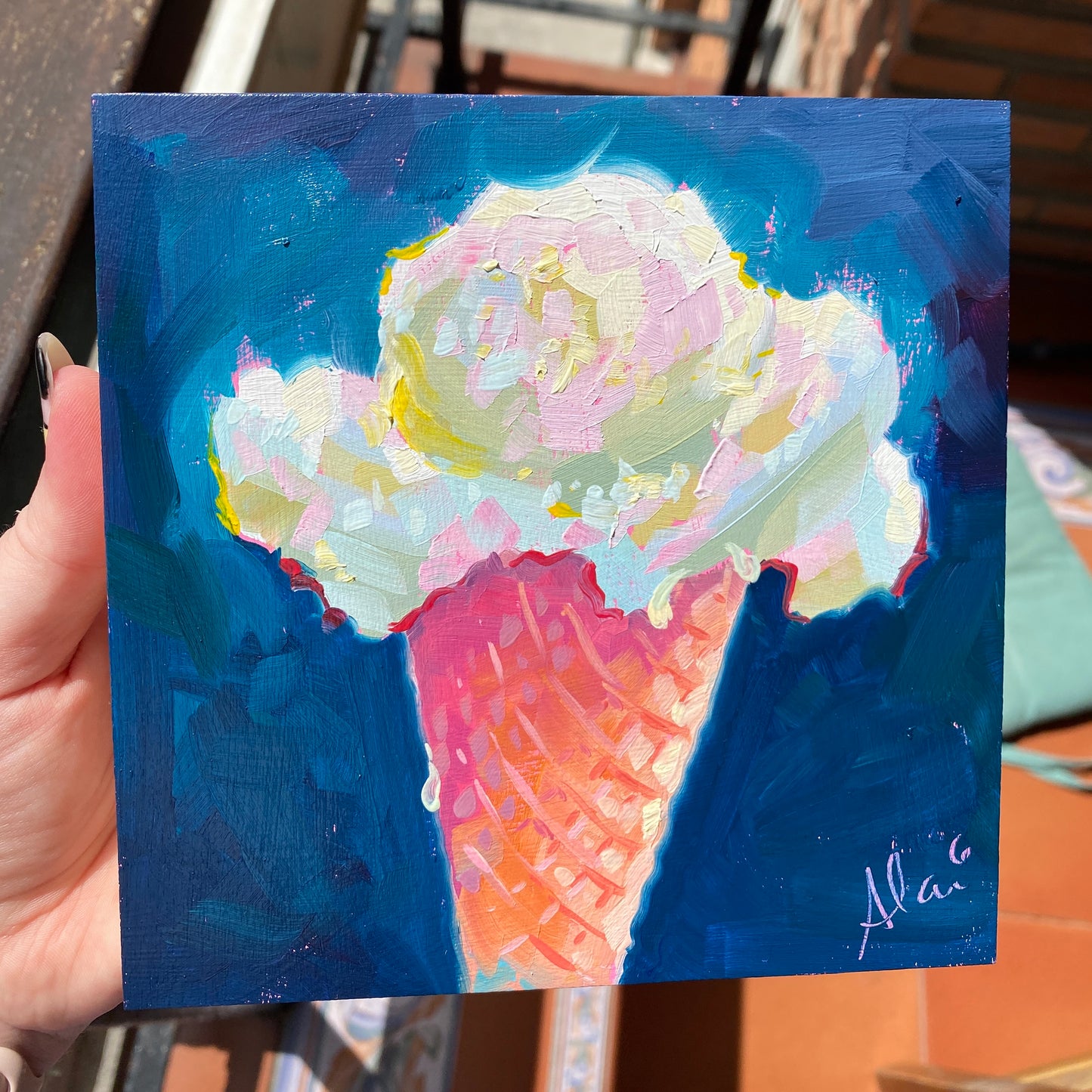 Ice Cream Cone - Original Oil Painting - Summer Dessert Art - 6 inches
