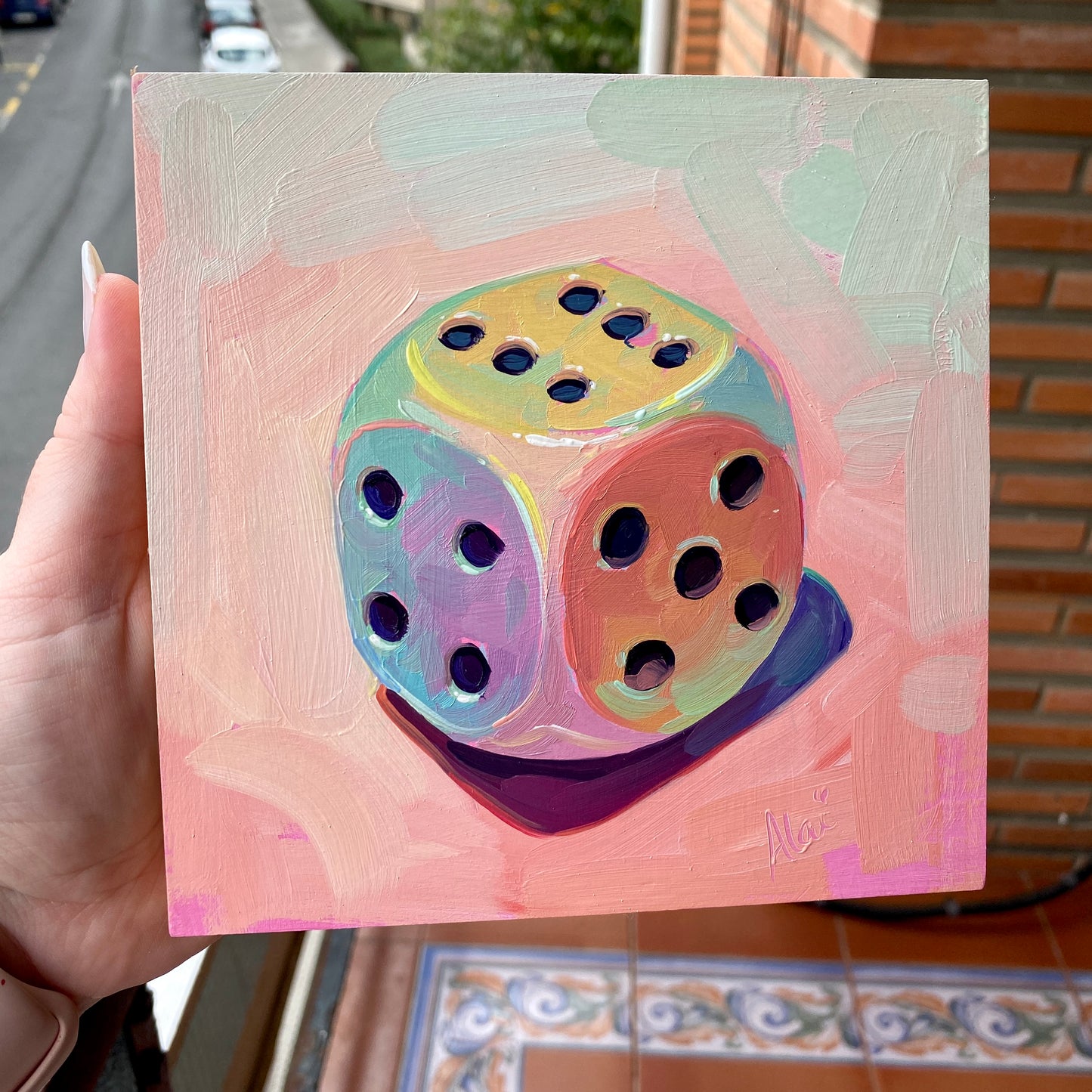 Lucky Dice - Original Oil Painting - Pastel Gaming Art - 6 inches