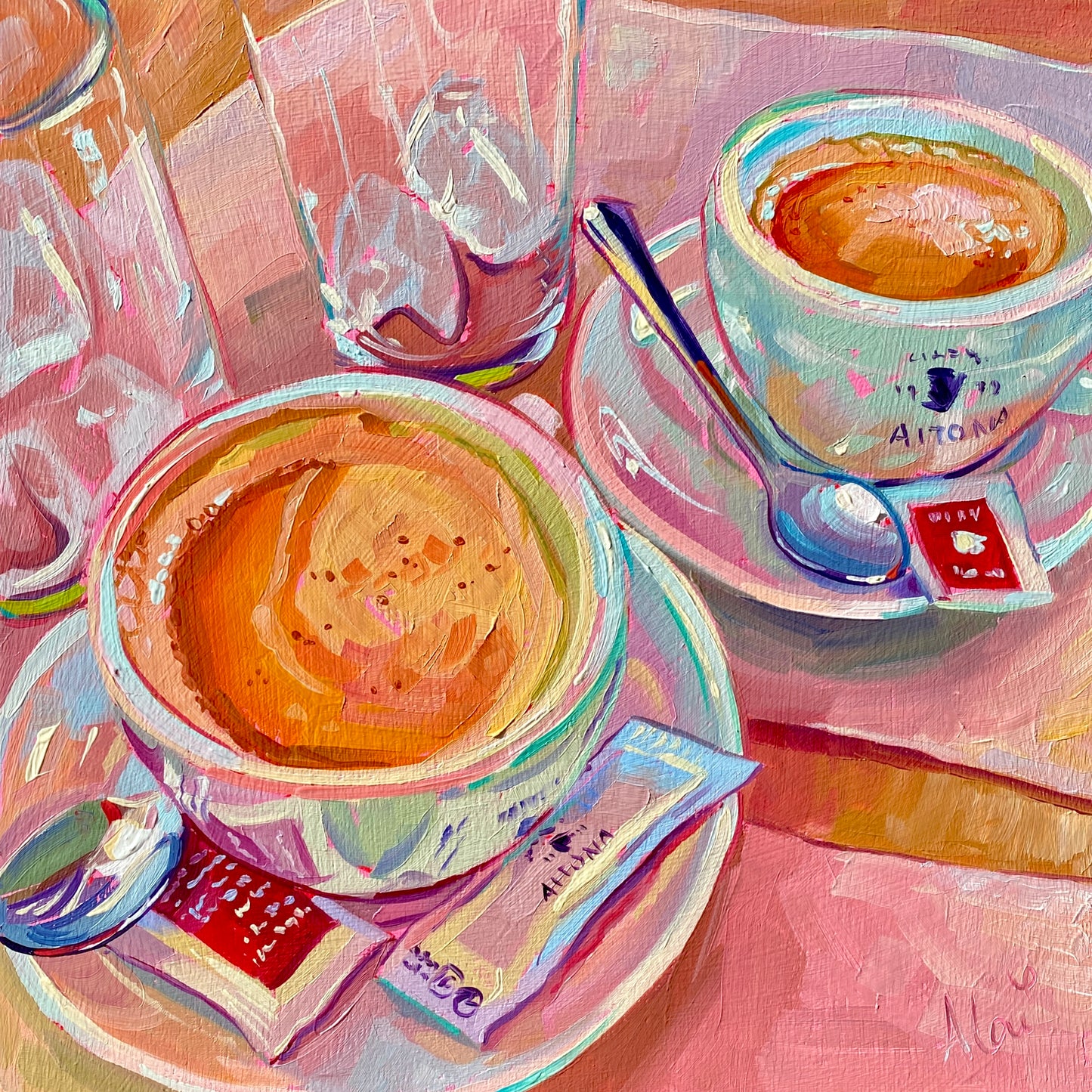 Original oil painting by Alai Ganuza titled "Pink Coffee Time". Overhead view of a cappuccino and an espresso cup with sugar packets, spoons, and a glass of ice water, painted in vibrant pink and orange hues on a square wood panel.