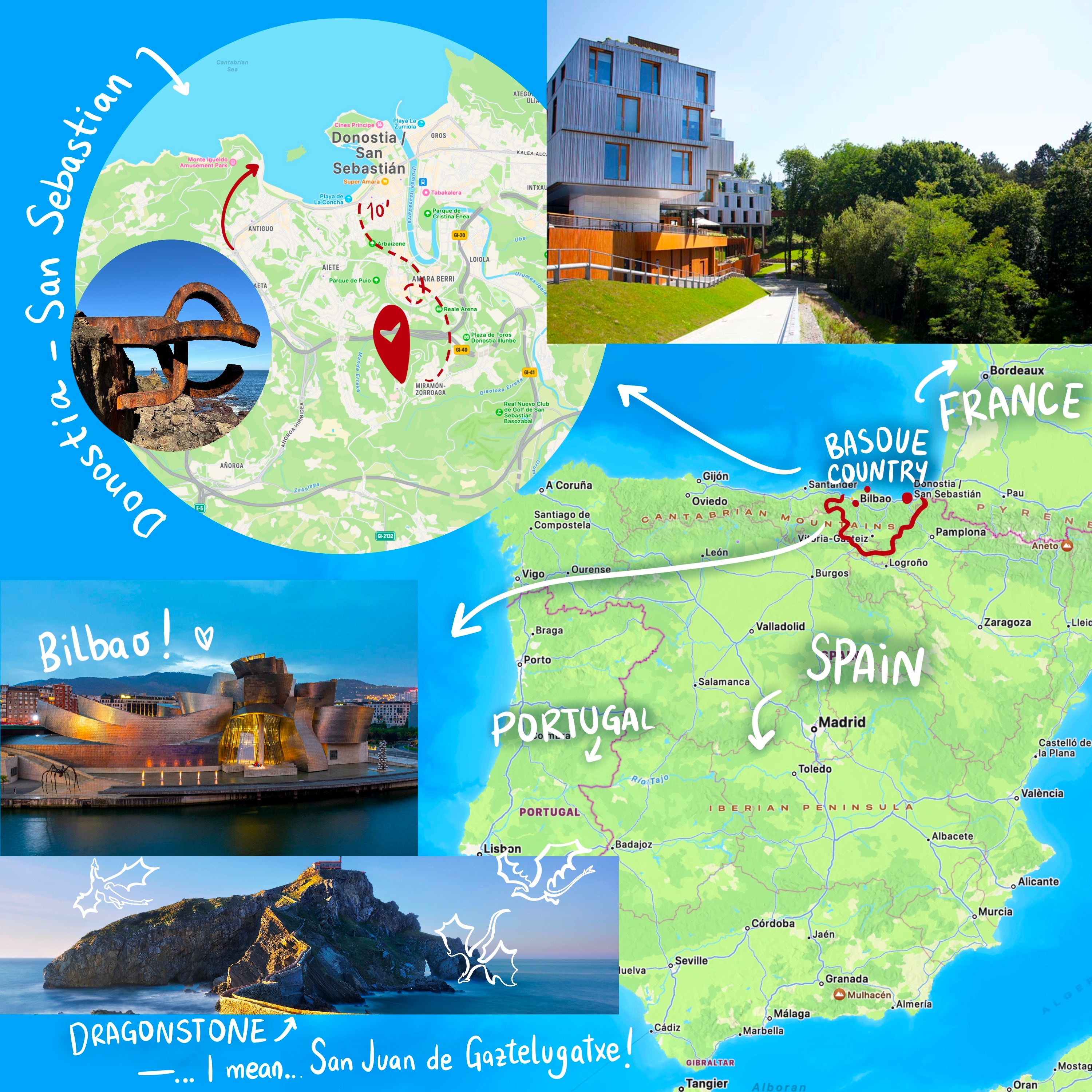 Illustrated map of the Basque Country showing San Sebastián, Bilbao, and Gaztelugatxe, highlighting the location of the 2026 Art Retreat and hotel.