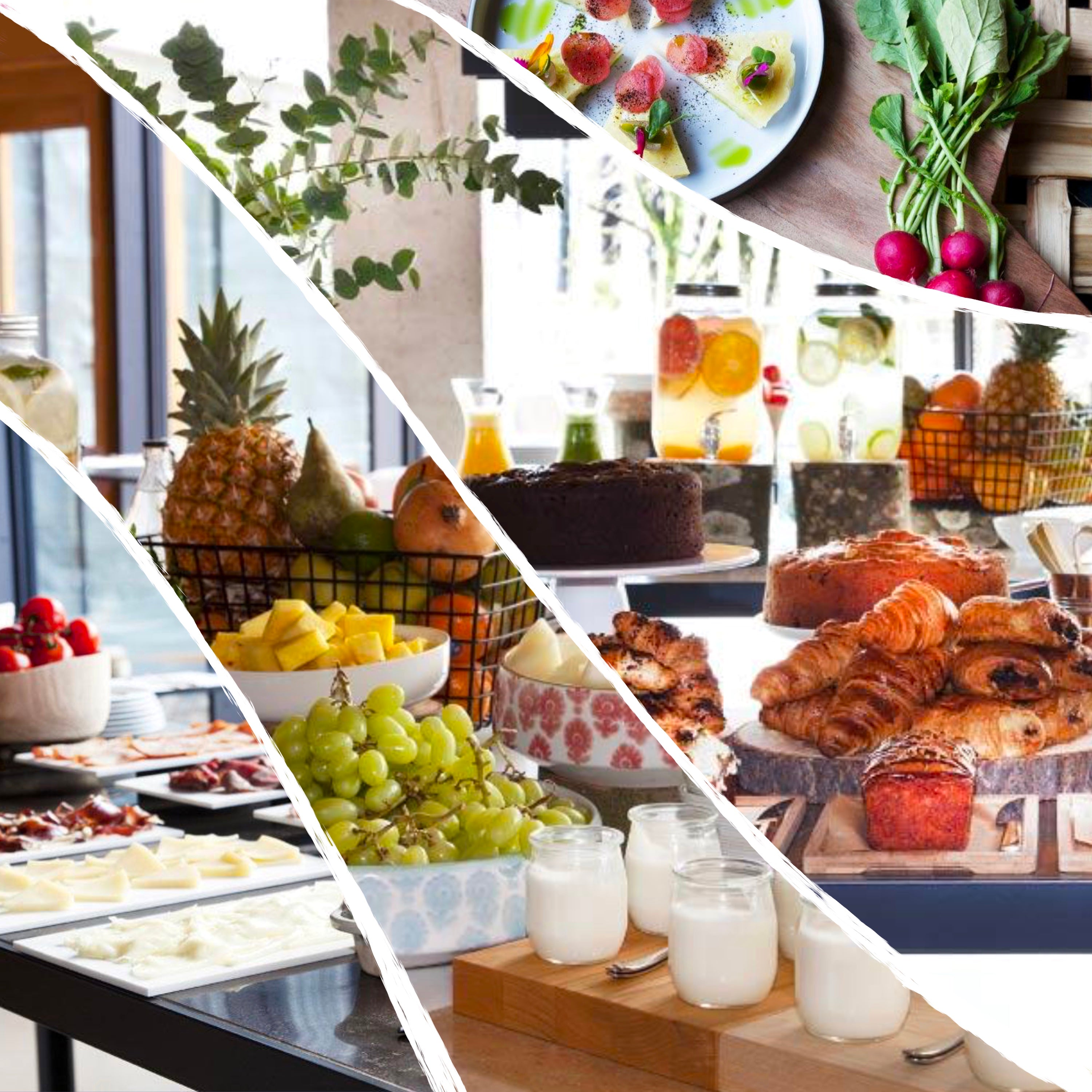 Colorful buffet with fresh fruit, pastries, vegetables, juices, and dairy products served at the painting retreat in San Sebastián.
