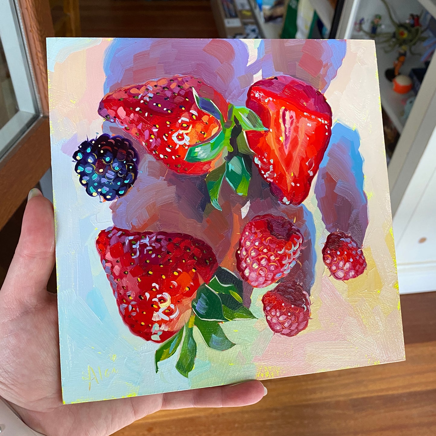 Strawberries and Berries - Original Oil Painting - Kitchen Fruit Art - 8 inches
