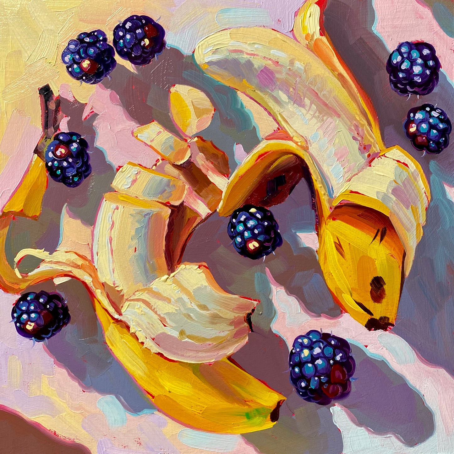 Bananas and Blackberries - Original Oil Painting - Fruit Still Life - 8 inches