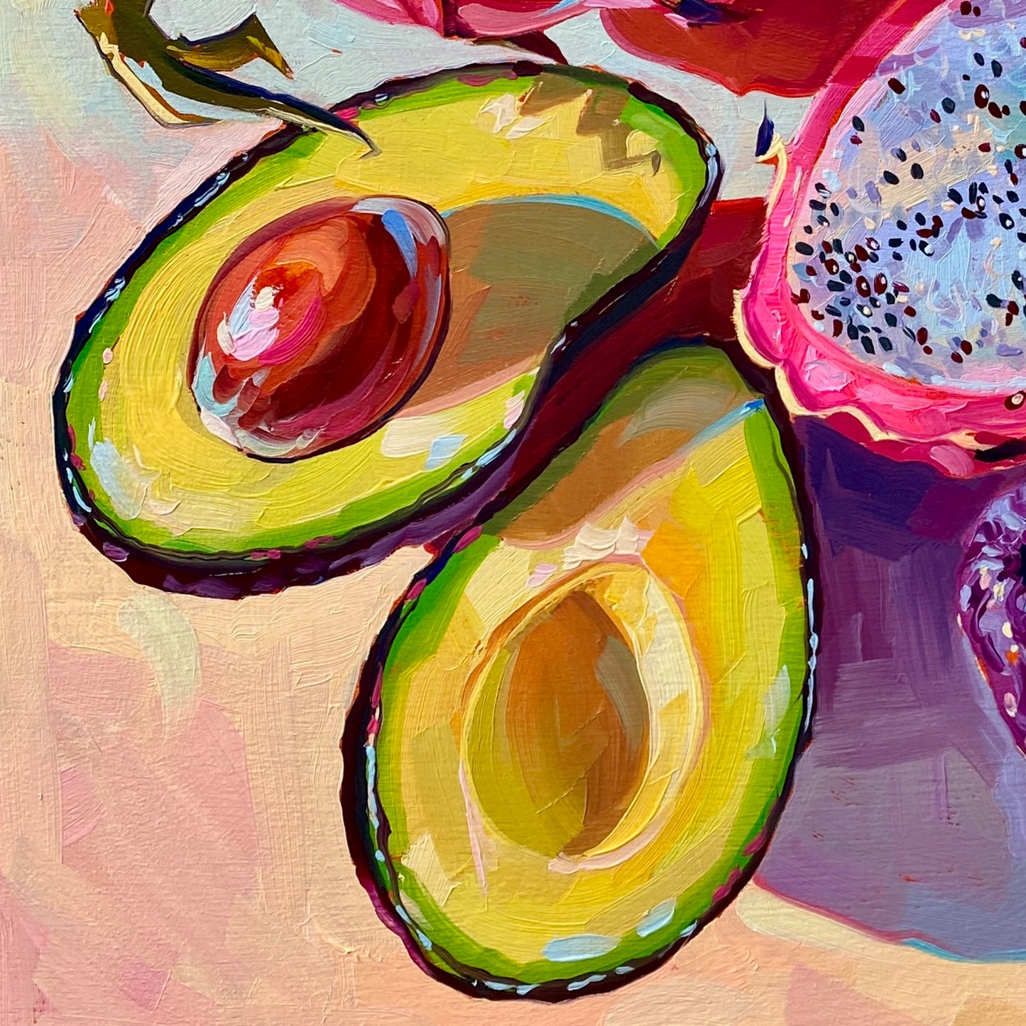 Malla tropical II - Rosa y verde - Pintura al óleo original