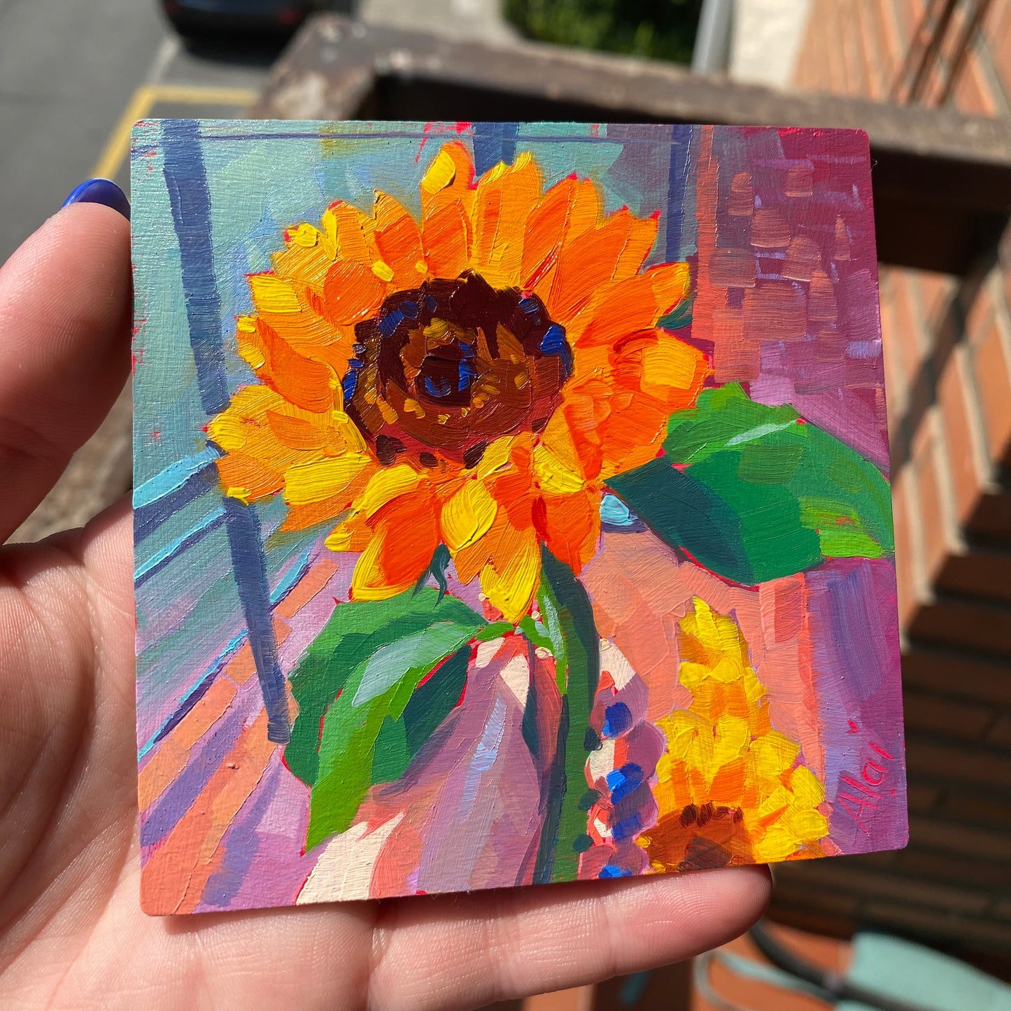 Sunflower Study - Original Mini Oil Painting - Floral Coaster Art - 4 inches