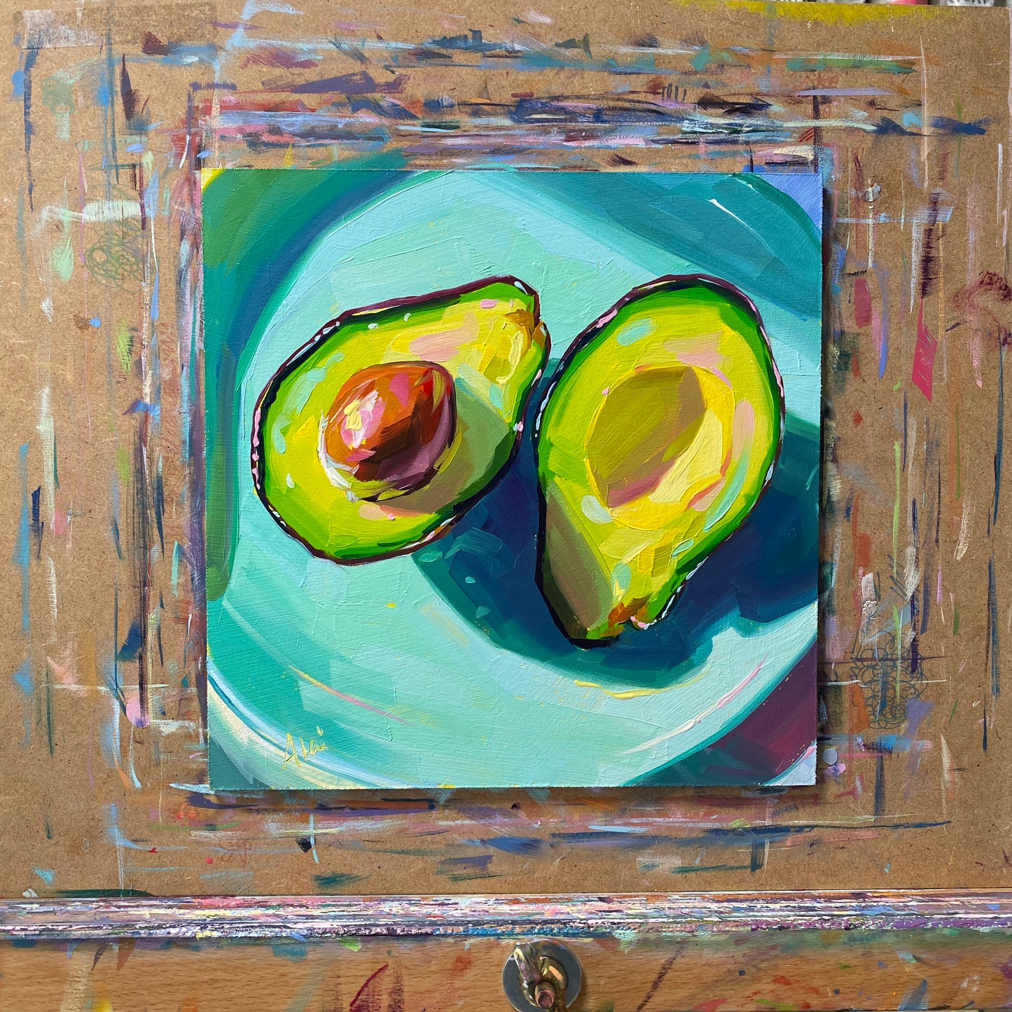 Avocados on blue plate - Original Oil Painting
