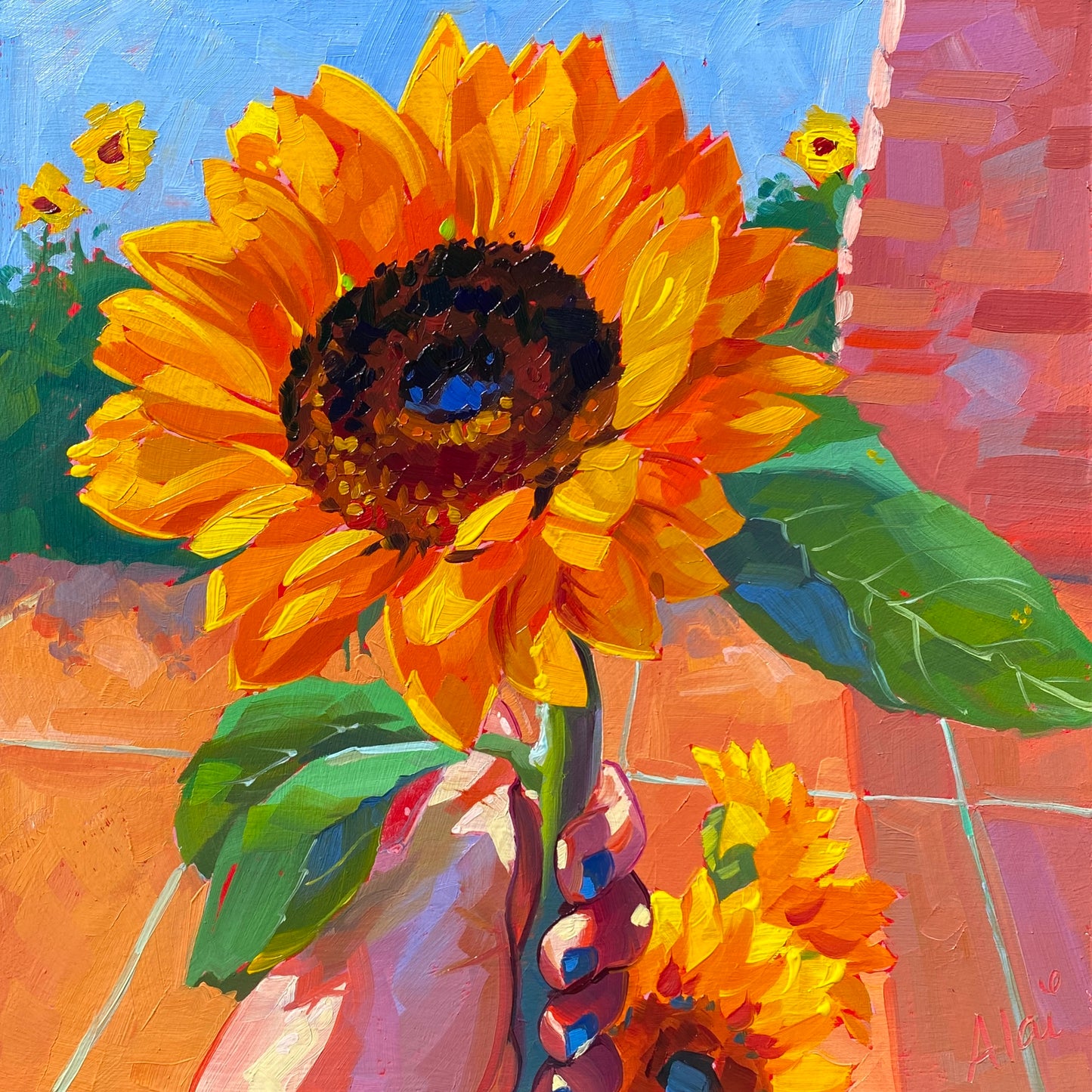 Holding a sunflower - Original Oil Painting