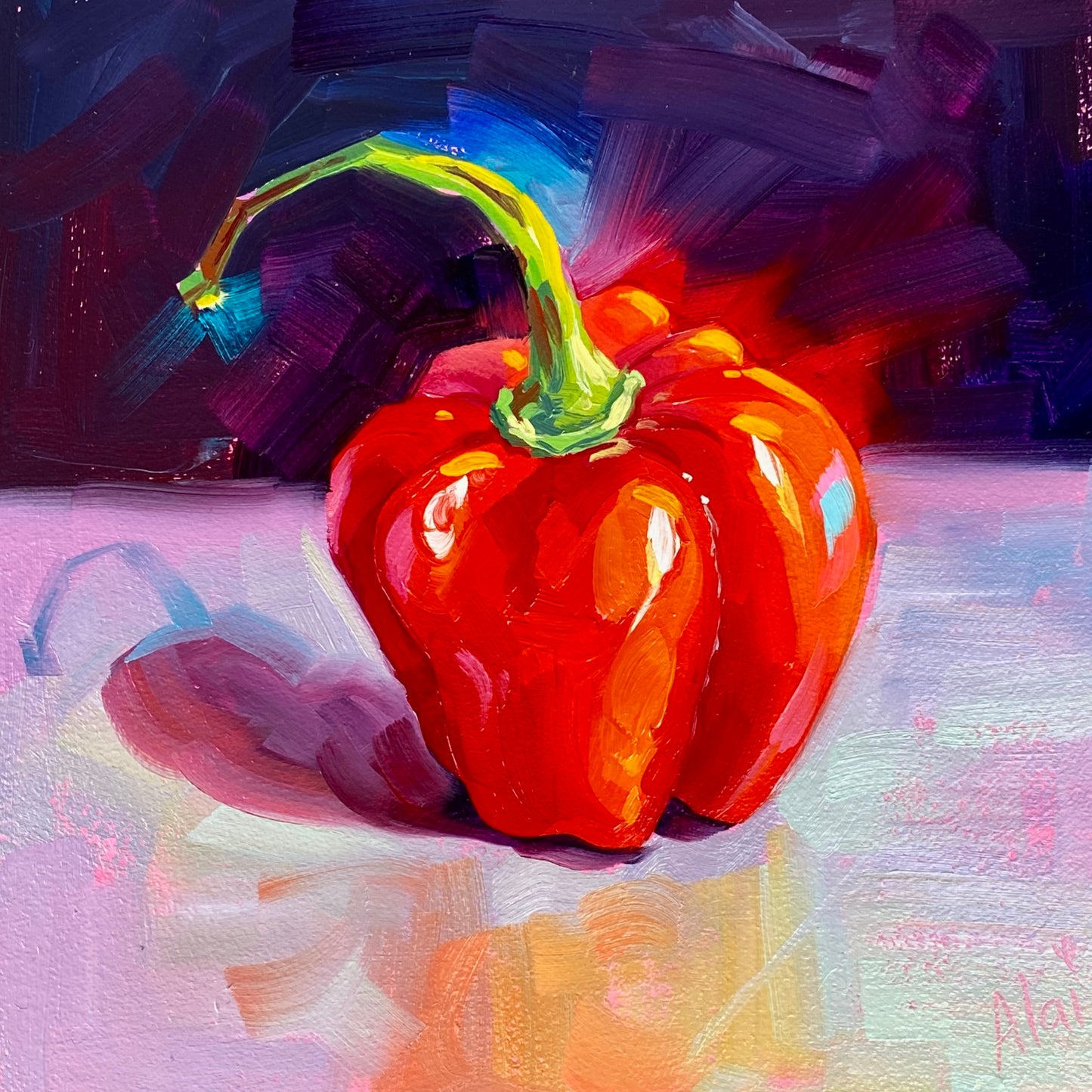 Original oil painting by Alai Ganuza titled "RHCPepper". A glossy, vibrant red bell pepper with a bright green stem, resting on a light pastel surface against a dark, moody purple background on a square aluminum panel.