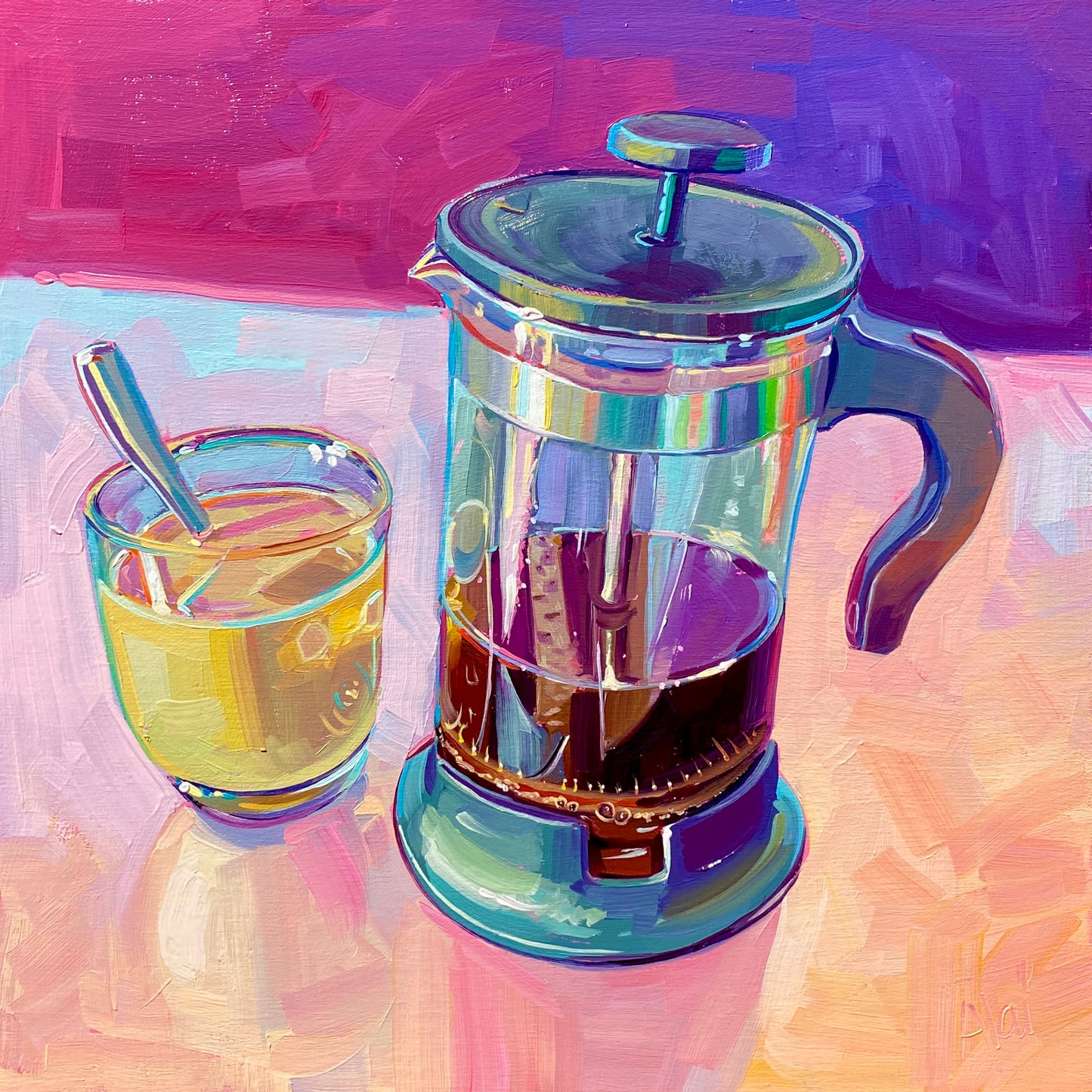French press and coffee - Original Oil Painting