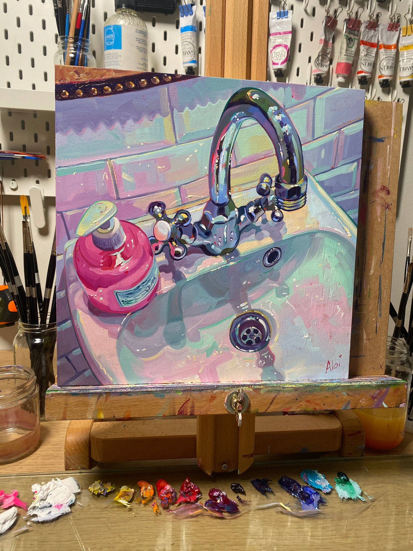 Fregadero y jabón rosa - Pintura al óleo original