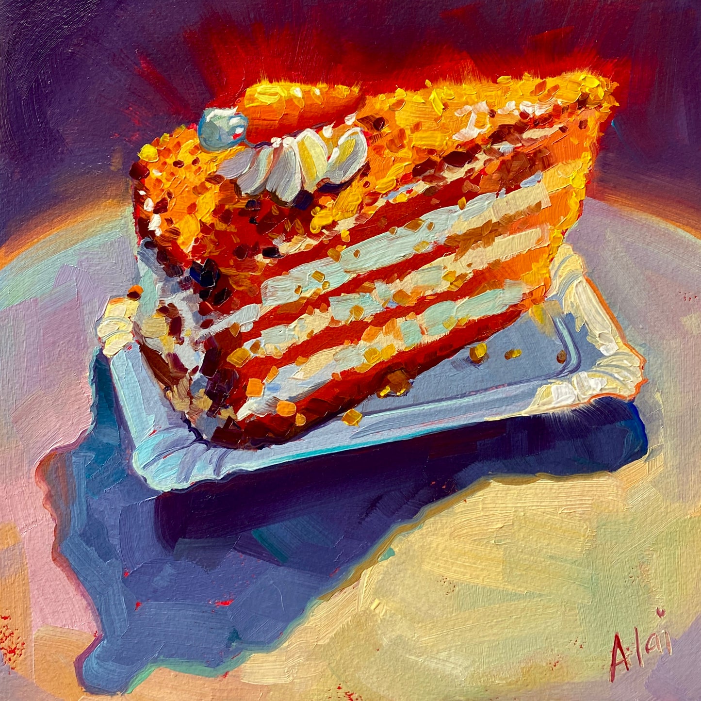 Original oil painting by Alai Ganuza titled "Carrot Cake". A slice of layered carrot cake with thick frosting and a carrot decoration resting on a light blue tray against a dark purple background on a square wood panel.