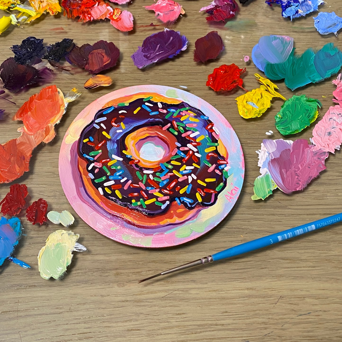 Mini donut de chocolate - Pintura al óleo original