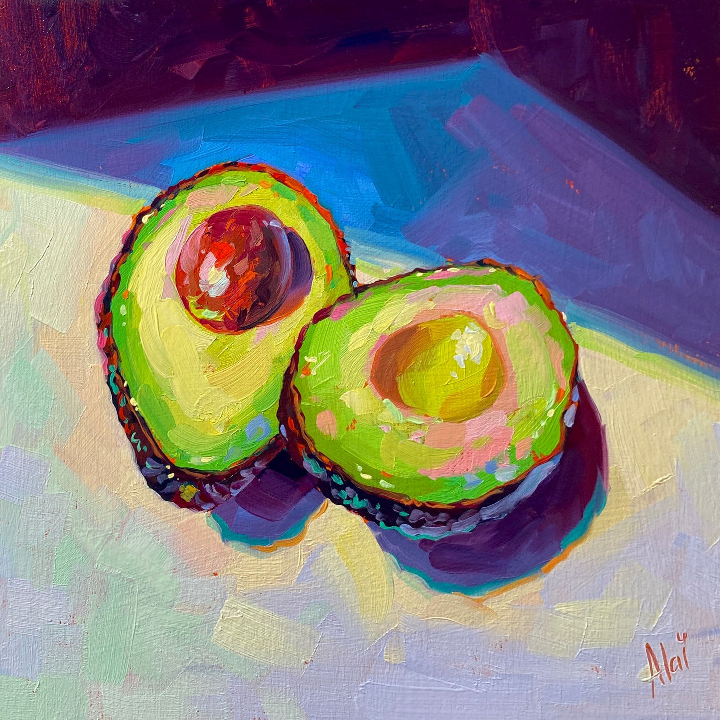 Original oil painting by Alai Ganuza titled "Pink Avocados". Two fresh avocado halves, one with a reddish-brown pit, painted with artistic pink and purple highlights on a pastel background on a square wood panel.