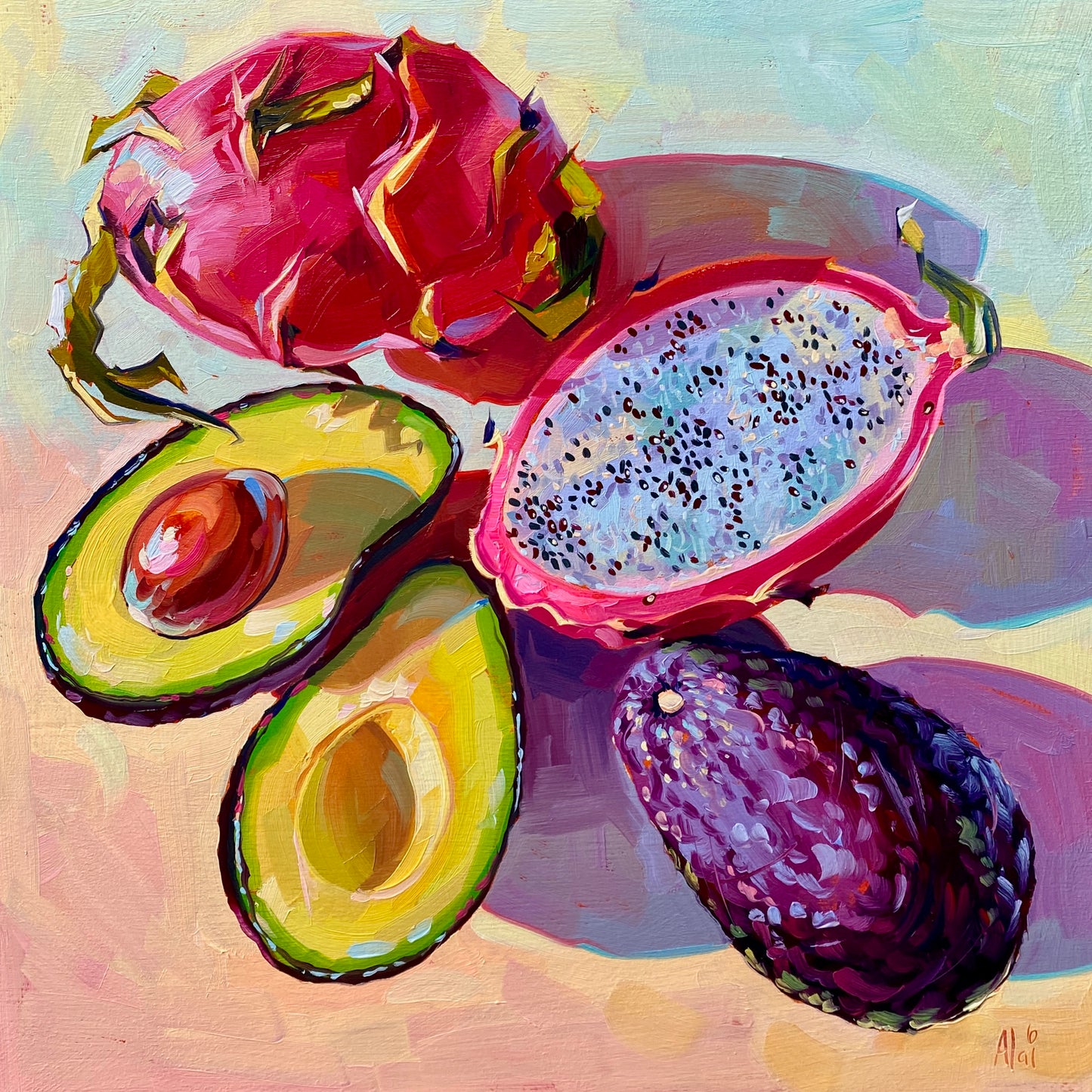 Tropical mesh II - Pink and green - Original Oil Painting