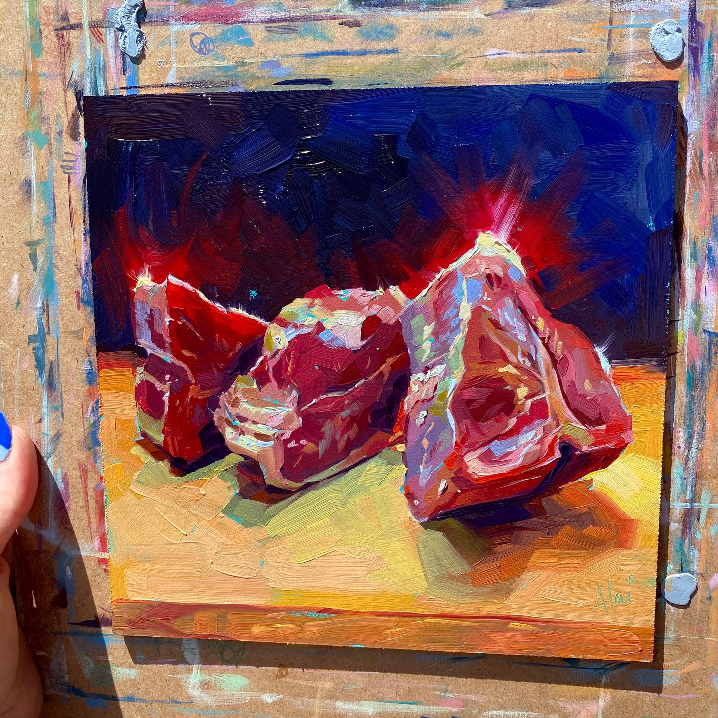 T-Bone Steak - Original Oil Painting - Raw Meat Kitchen Art - 8 inches