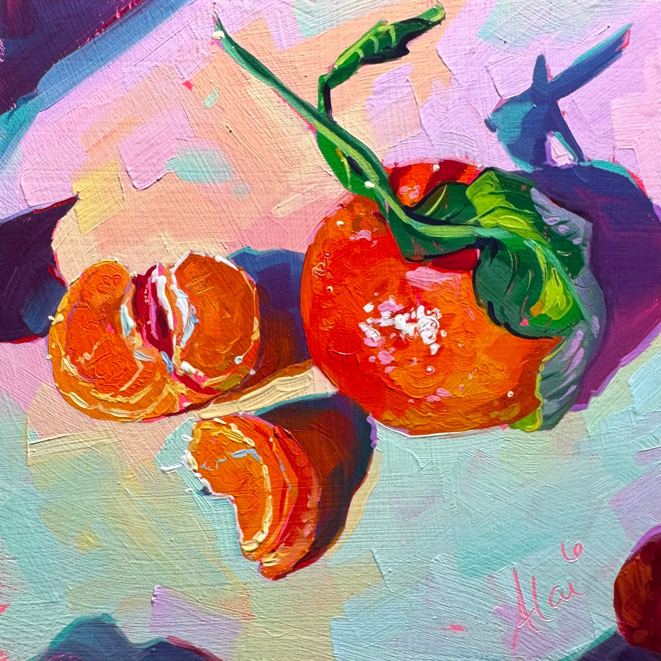 Tangerine with Leaf Original Oil Painting | Alai Ganuza Still Life