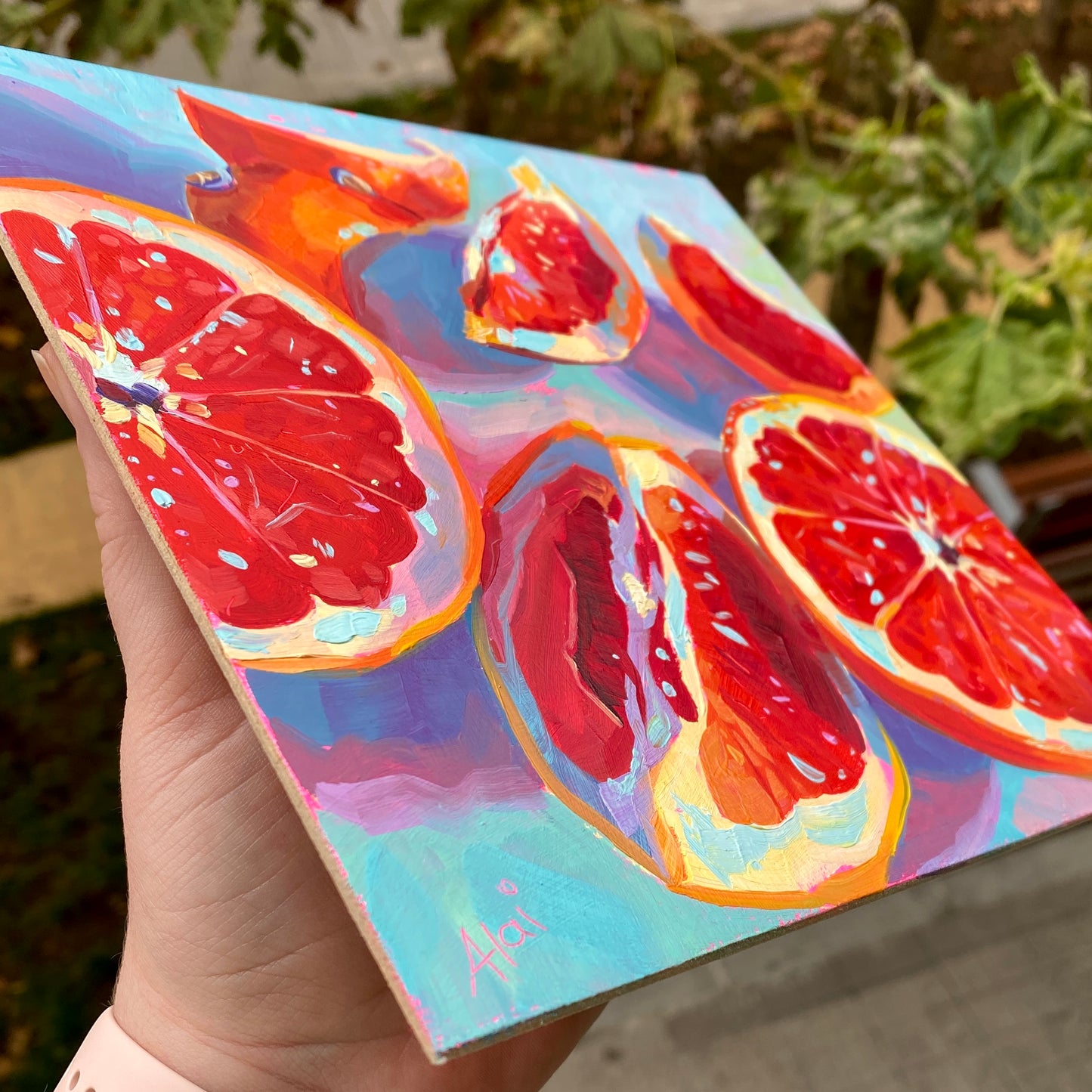 Pomelos sobre pintura al óleo rosa
