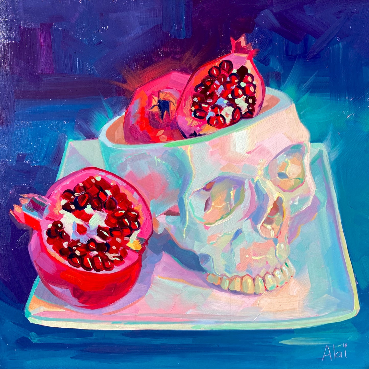 Brains! - Pomegranate & Skull Original Oil Painting - Spooky Art - 9 inches