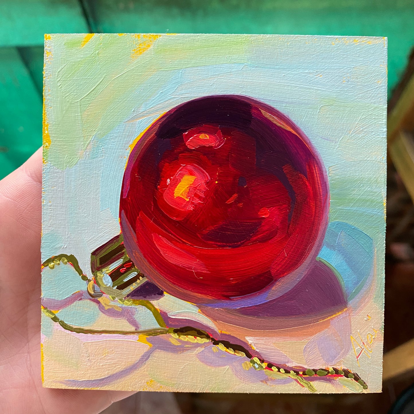 Red Christmas Ball (Matte) - Original Oil Painting - Holiday Decor - 4 inches