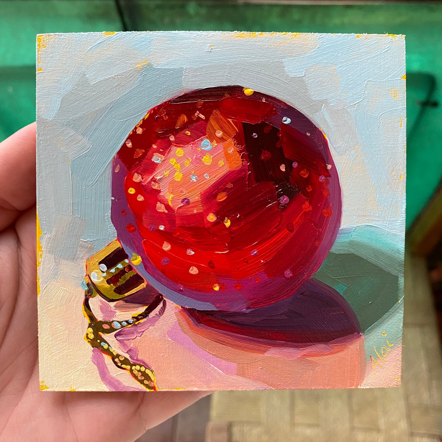 Red Christmas Ball (Glittery) - Original Oil Painting - Holiday Decor - 4 inches
