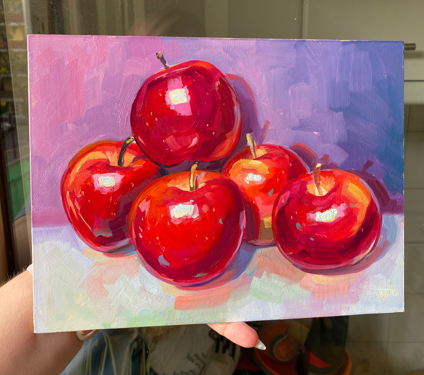 Pintura al óleo de manzanas