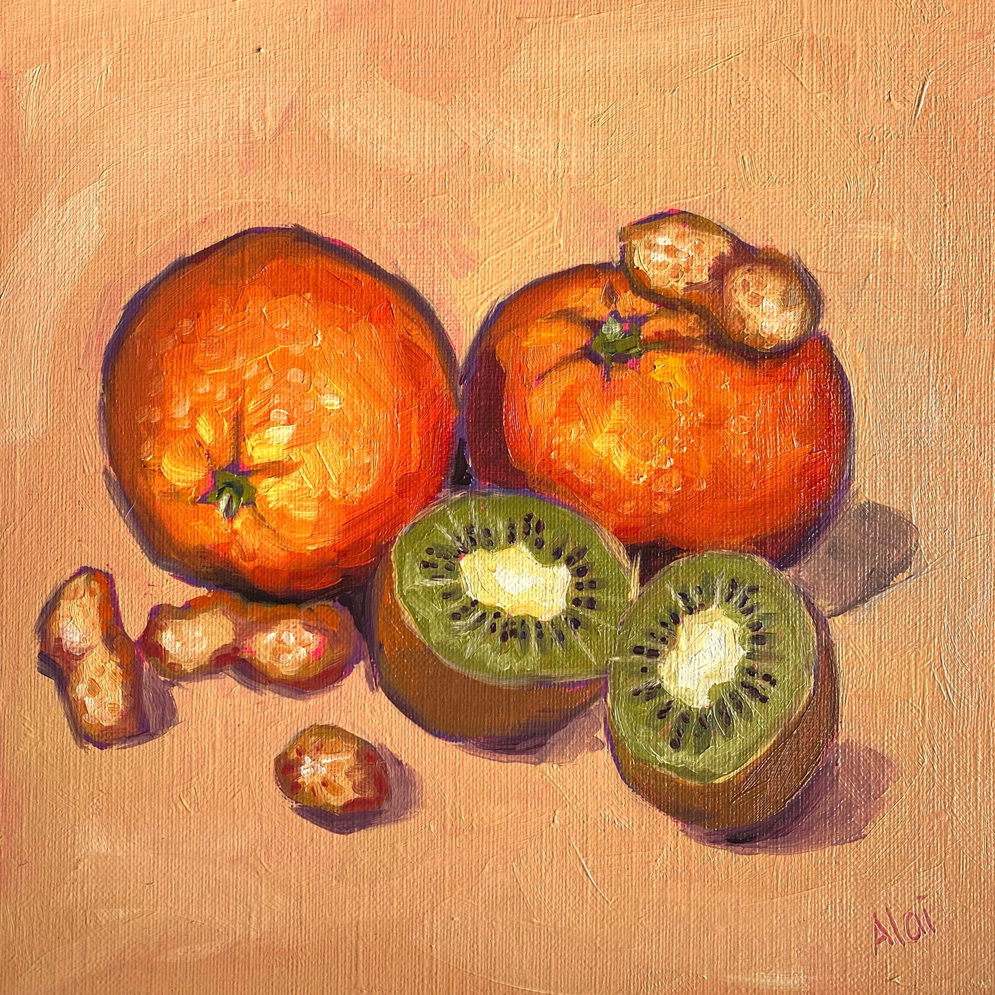 Original oil painting by Alai Ganuza titled "Oranges, kiwis and peanuts". Two whole oranges, a halved kiwi with a bright green interior, and several peanuts in shells rendered in thick impasto on a warm, textured ochre background.