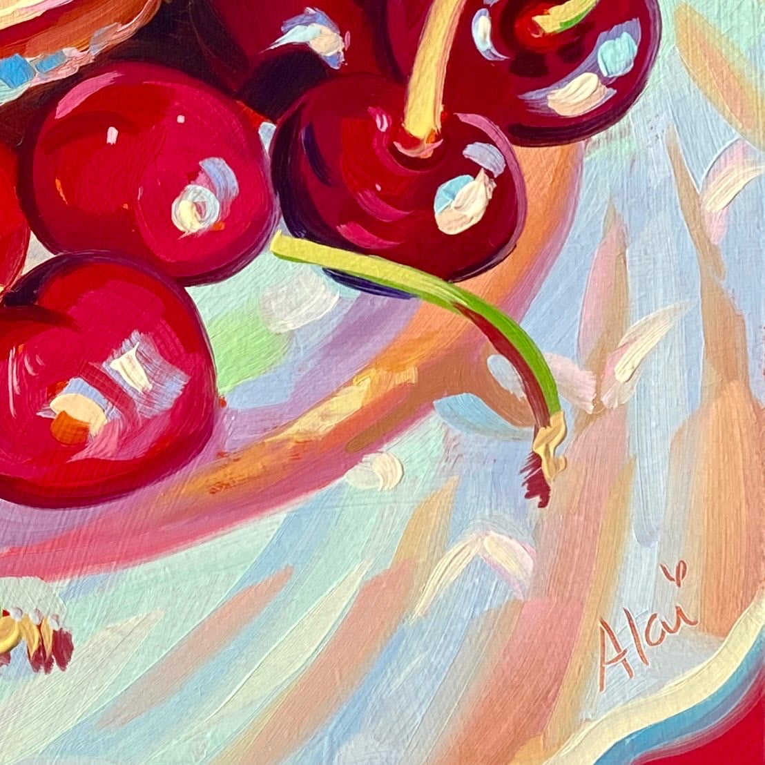 Cerezas y panqueques de corazón - Pintura al óleo original