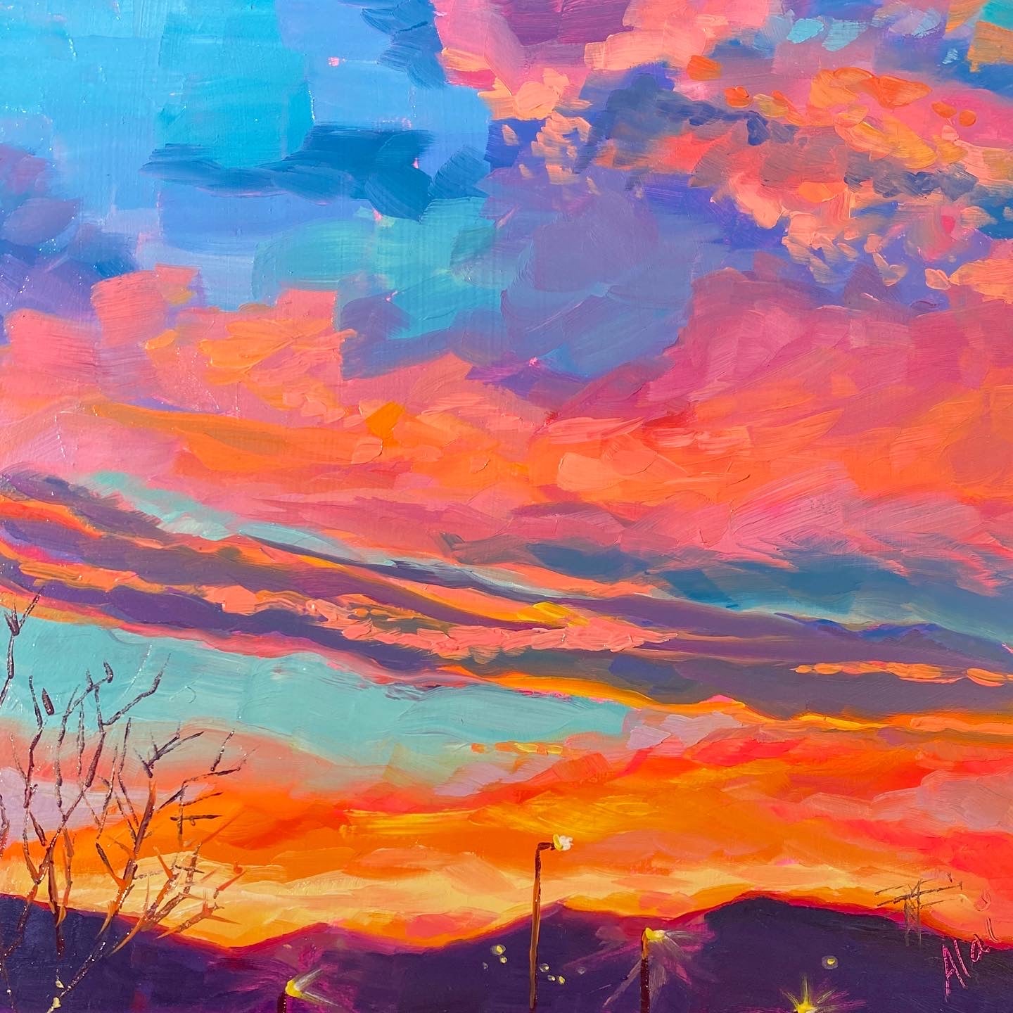 Fiery Sky Oil Painting | Vibrant Sunset Landscape | Alai Ganuza