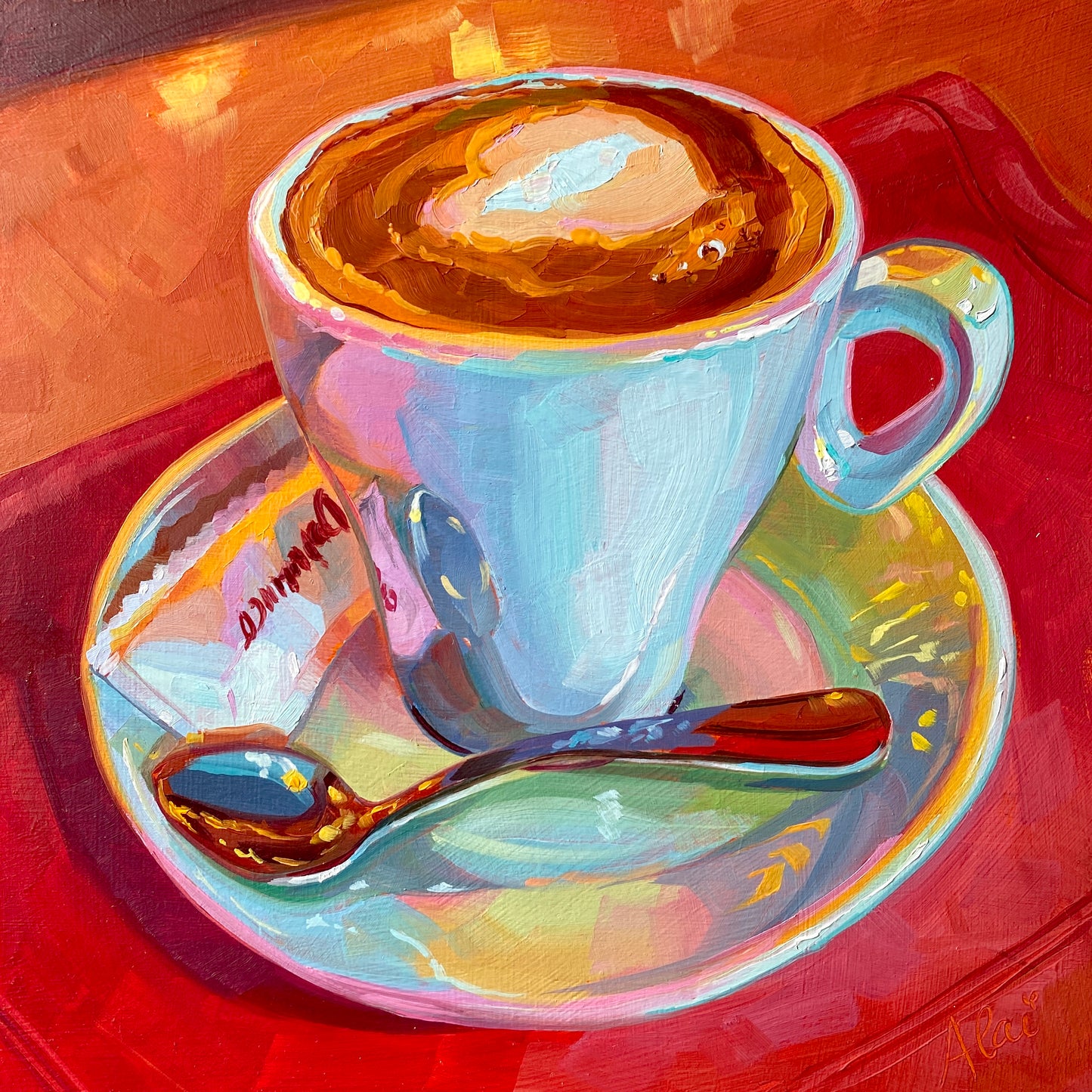 Original oil painting by Alai Ganuza titled "Coffee at El Dinamico". A light blue coffee cup with heart-shaped latte art on a saucer with a red-handled spoon and sugar packet, set against a vibrant red and orange background.