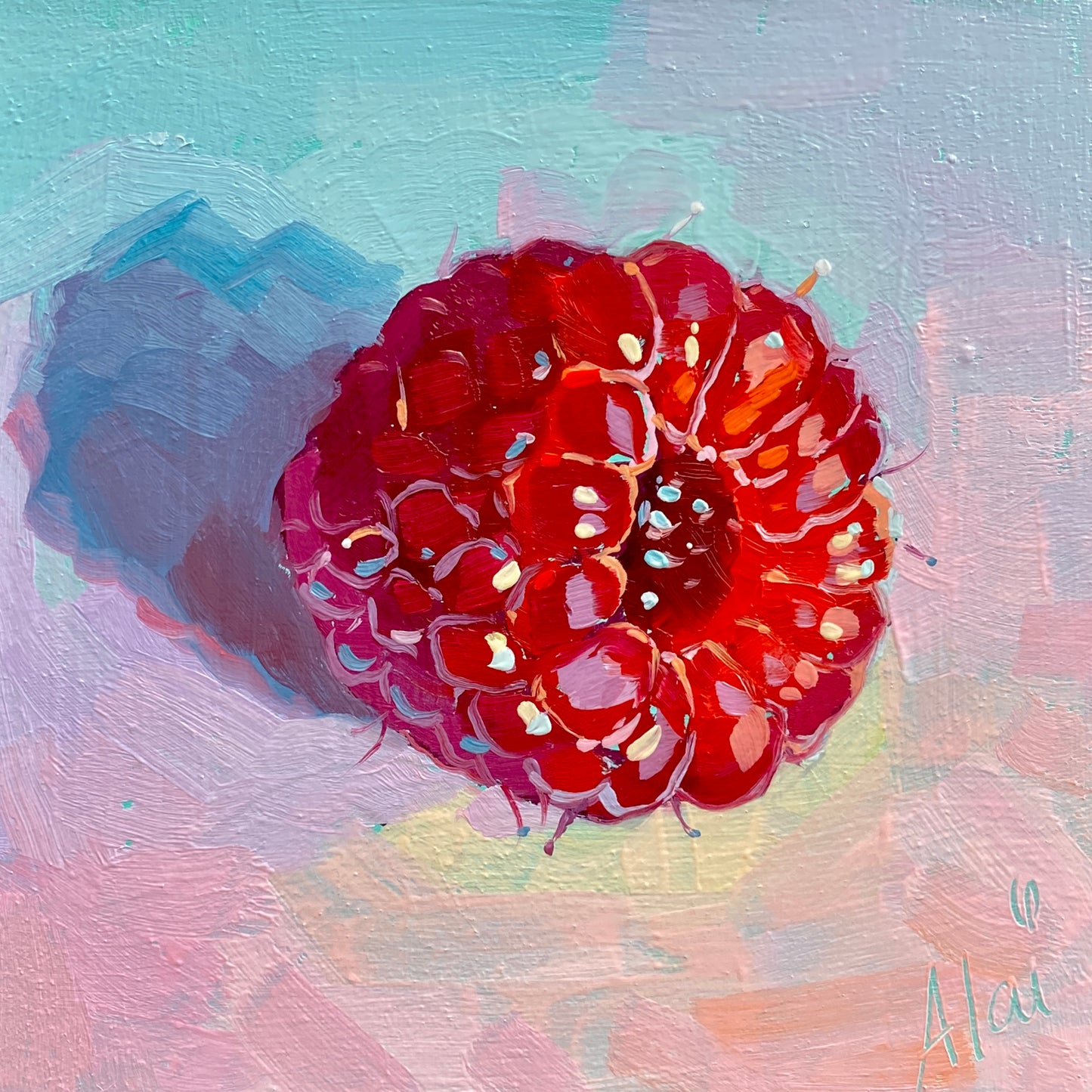 Original oil painting by Alai Ganuza titled "Raspberry". A single, large red raspberry rendered in thick impasto, featuring bright highlights and deep purple shadows against a textured pink and blue background.
