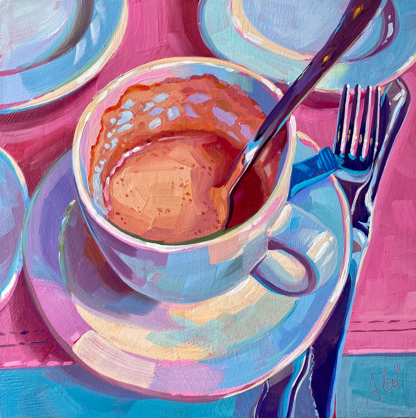 Original oil painting by Alai Ganuza titled "Rose coffee". A light blue coffee cup with creamy foam and a spoon, set against a vibrant magenta background with a fork and saucer, featuring thick impasto brushwork.