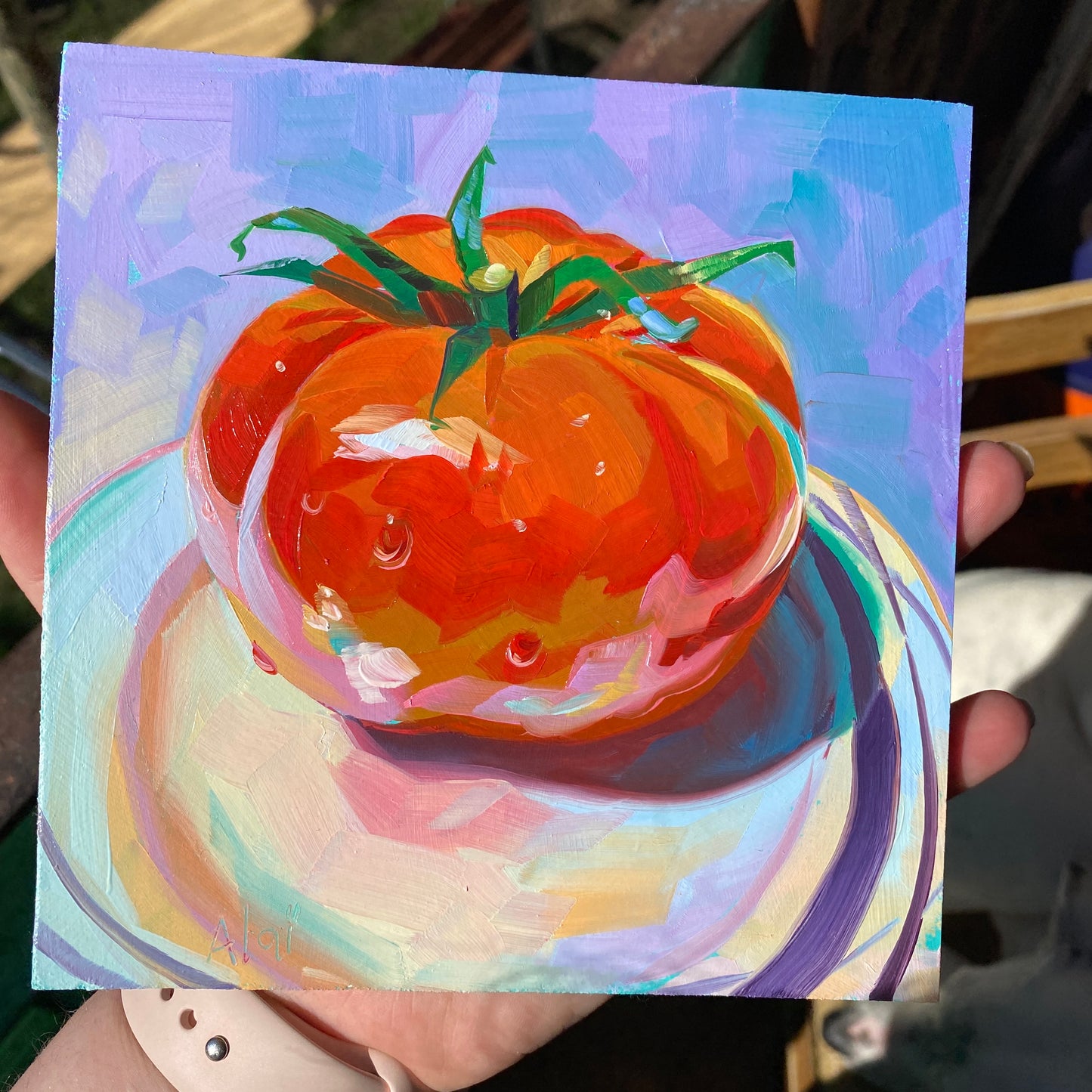 Tomate II - Pintura al óleo original - 5,5 x 5,5 pulgadas