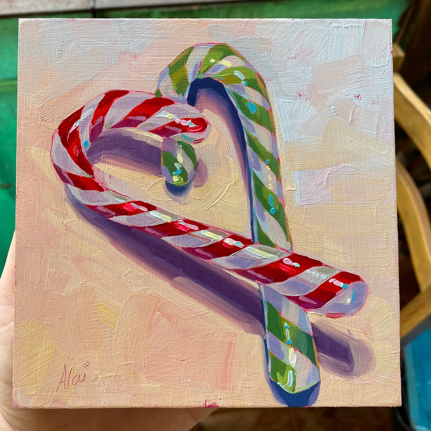 Pintura Al Óleo De Navidad De Bastón De Caramelo