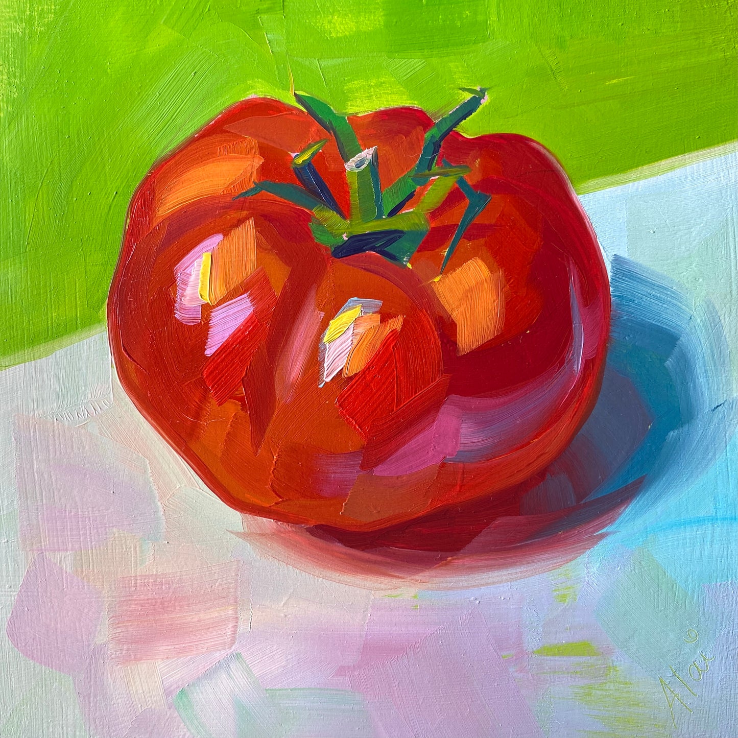 Original oil painting by Alai Ganuza titled "Tomato study I". A single ripe red tomato with a green stem, painted with thick impasto in shades of red, orange, and pink against a light lavender and lime green background.