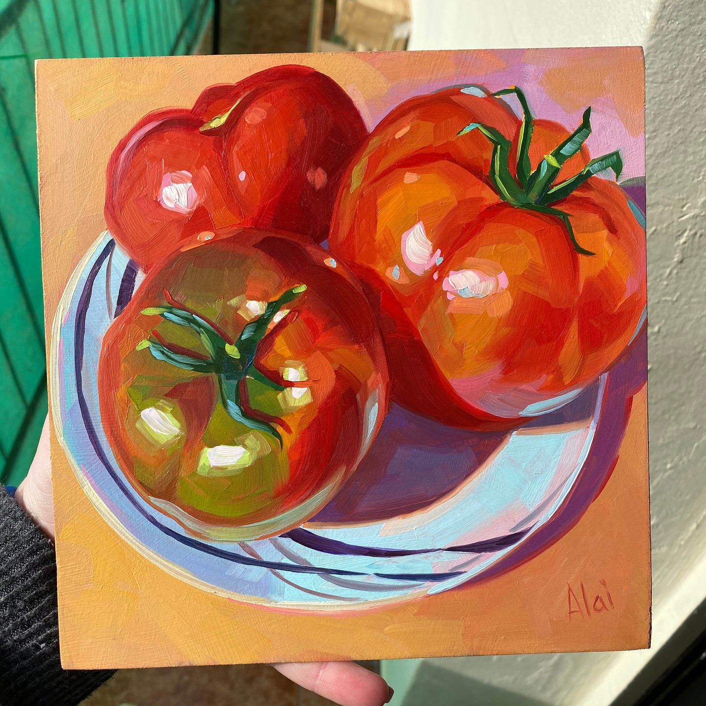 Cuadro al Óleo Tres tomates bajo el sol