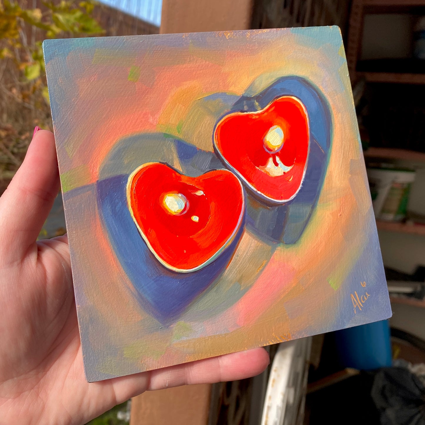 Heart Candles - Original Oil Painting - Romantic Decor - 6 inches