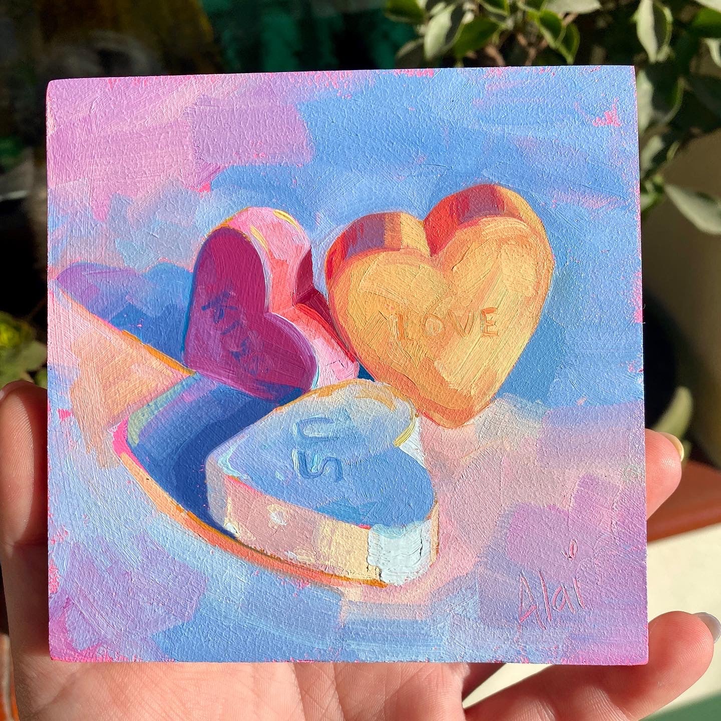 Candy Hearts - Original Oil Painting - 4.7x4.7 inches