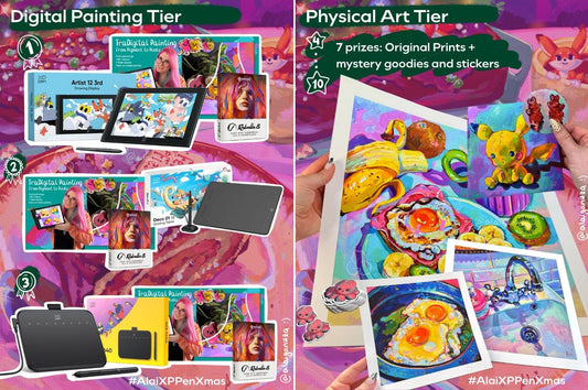 Promotional graphic displaying the #AlaiXPPenXmas contest prizes. Split view showing XPPen tablets and Rebelle 8 software for the Digital Tier, and colorful art prints for the Physical Tier.
