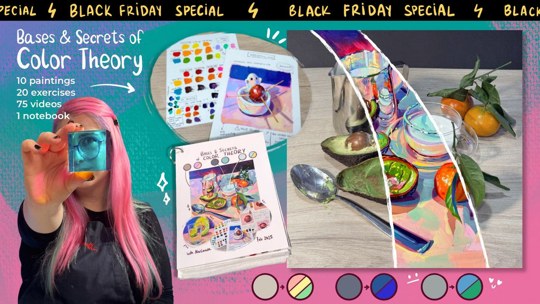 color theory course banner showing the references and paintings made during the course